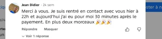 Commentaire Facebook authentique d'un client Djelia, tel qu'affiché sur Facebook